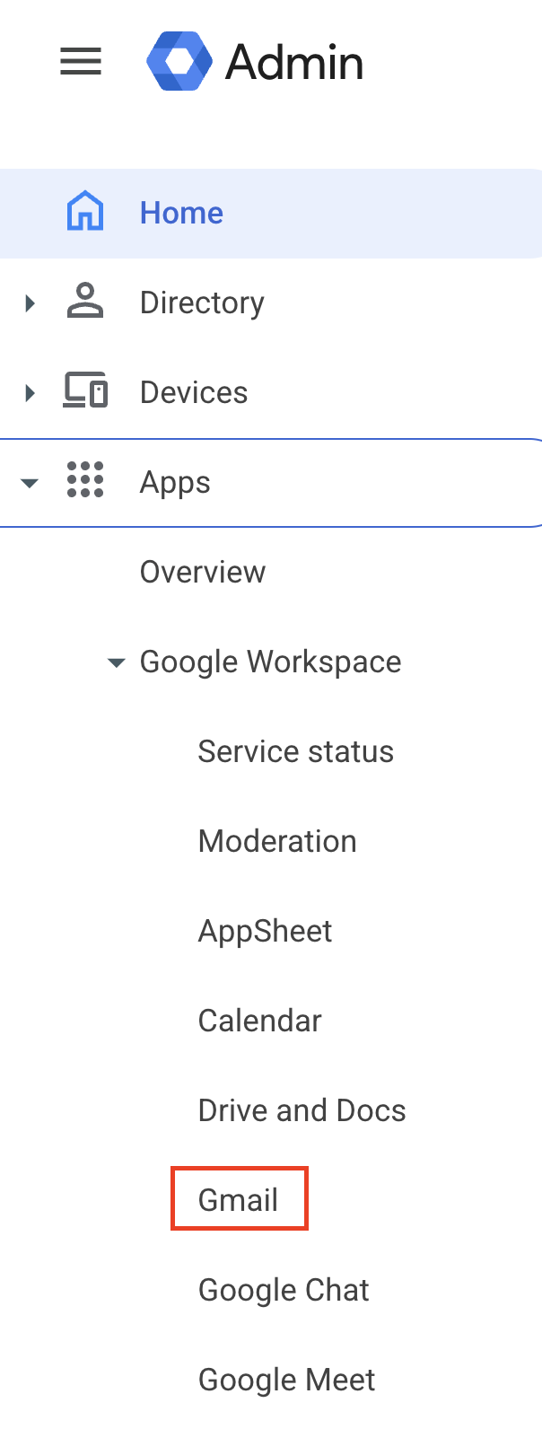 Google Admin console sidebar navigating to Apps, Google Workspace, and Gmail