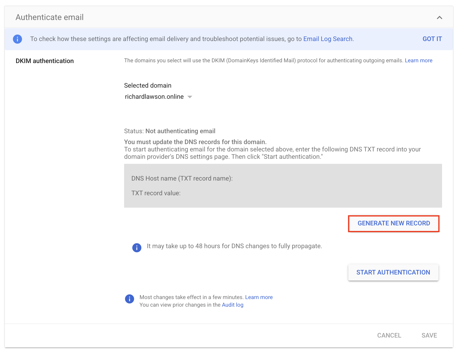 Google Workspace Authenticate email page with Selected domain and DKIM status