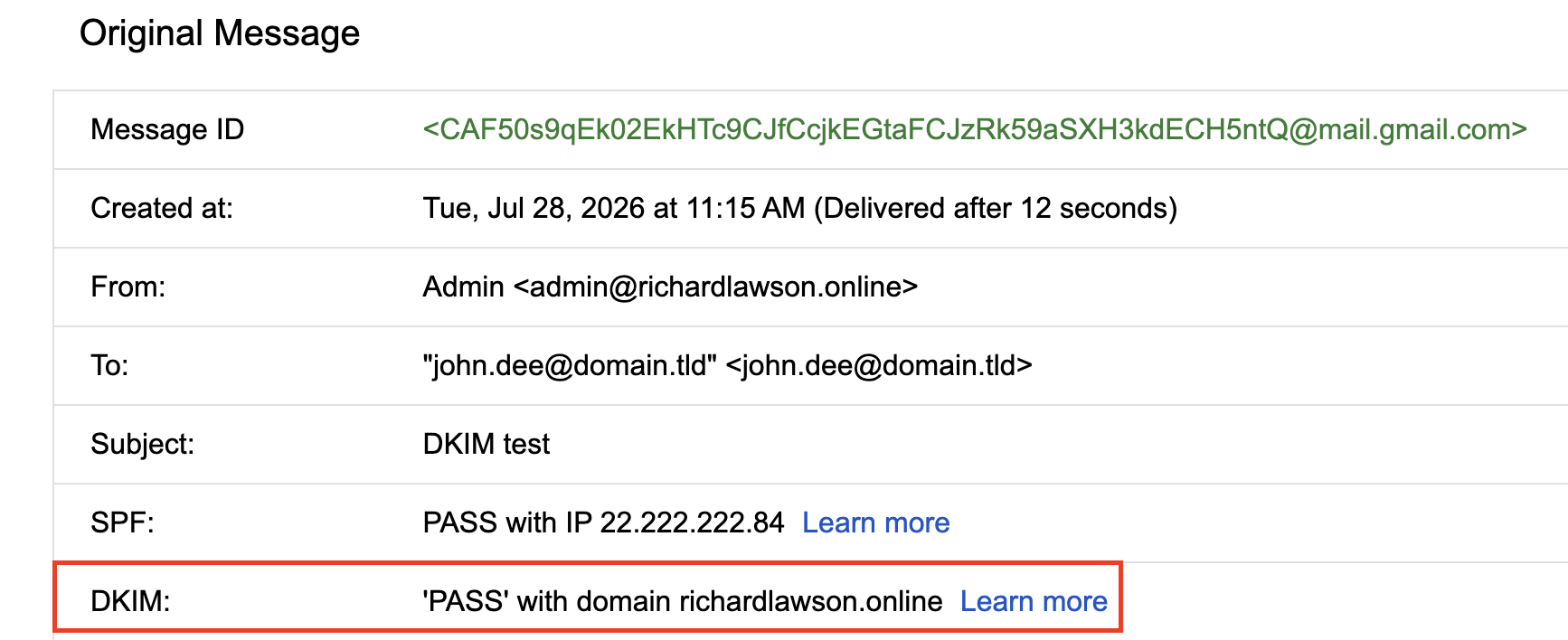 Gmail Original Message view showing DKIM PASS with domain name