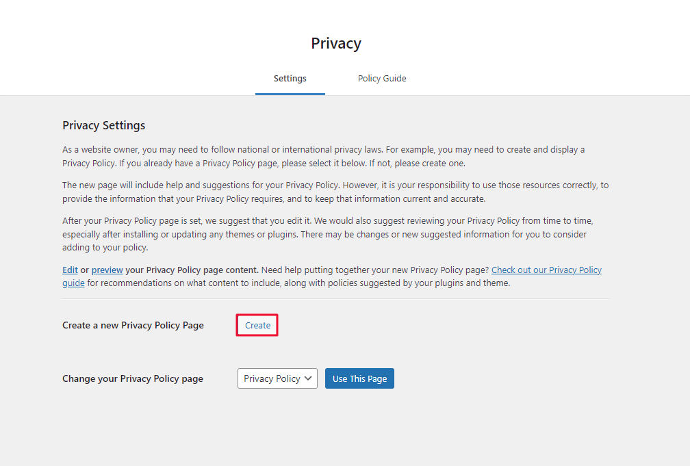 The WordPress Privacy page, showing where to click Create