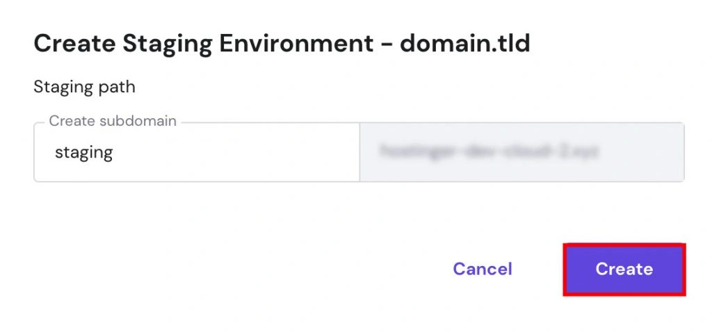 The Create button on the Create Staging Environment window on hPanel.