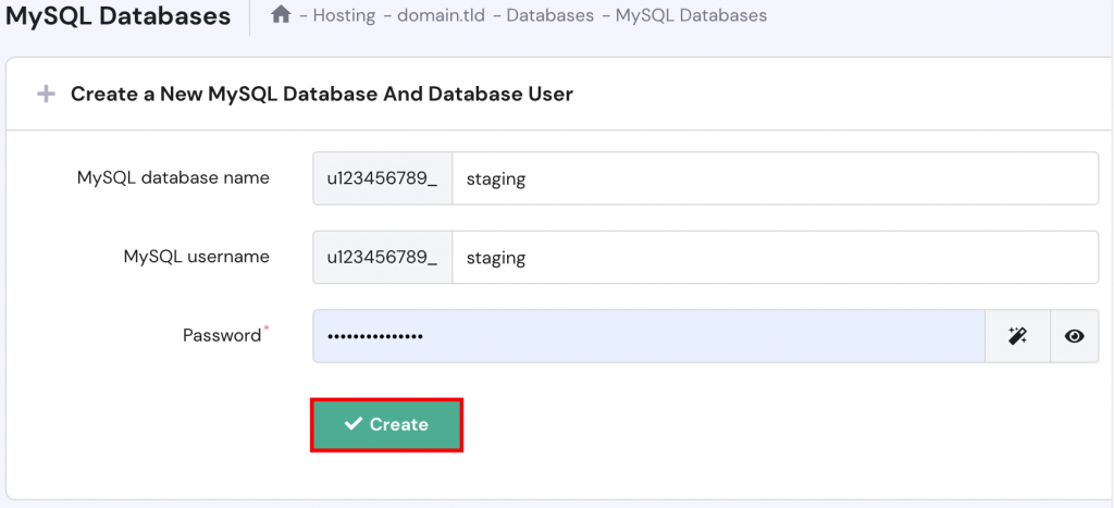 The Create button on the MySQL databases section on hPanel.