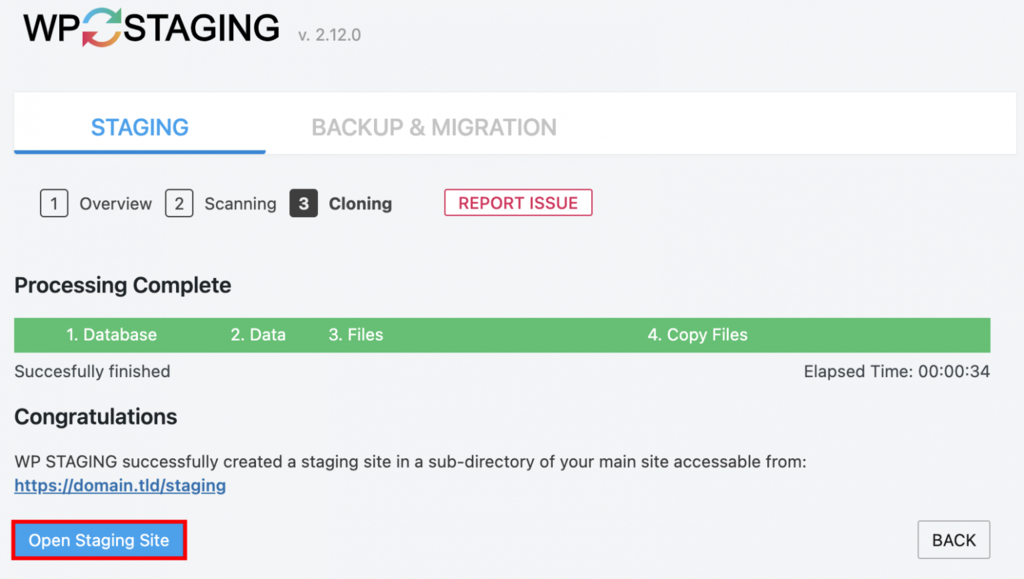 The Open Staging Site button on the WP Staging plugin page.