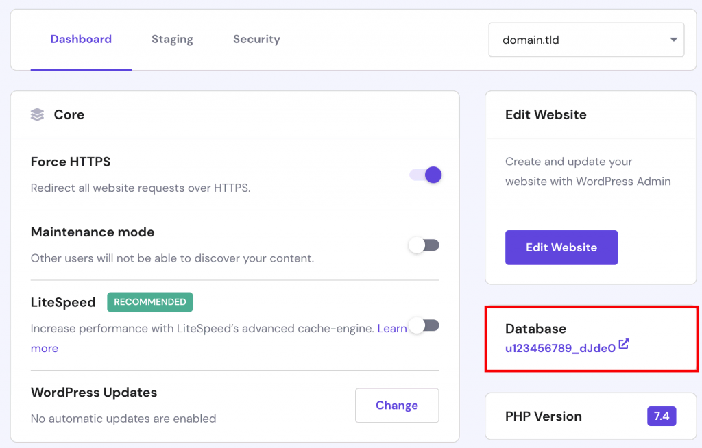 The database name's location in the WordPress dashboard section on hPanel.
