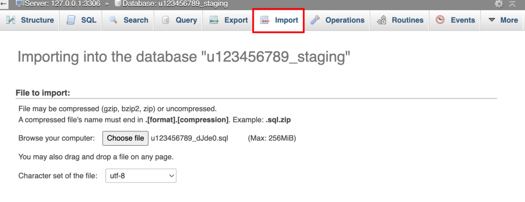 The Import button on the main phpMyAdmin interface view.
