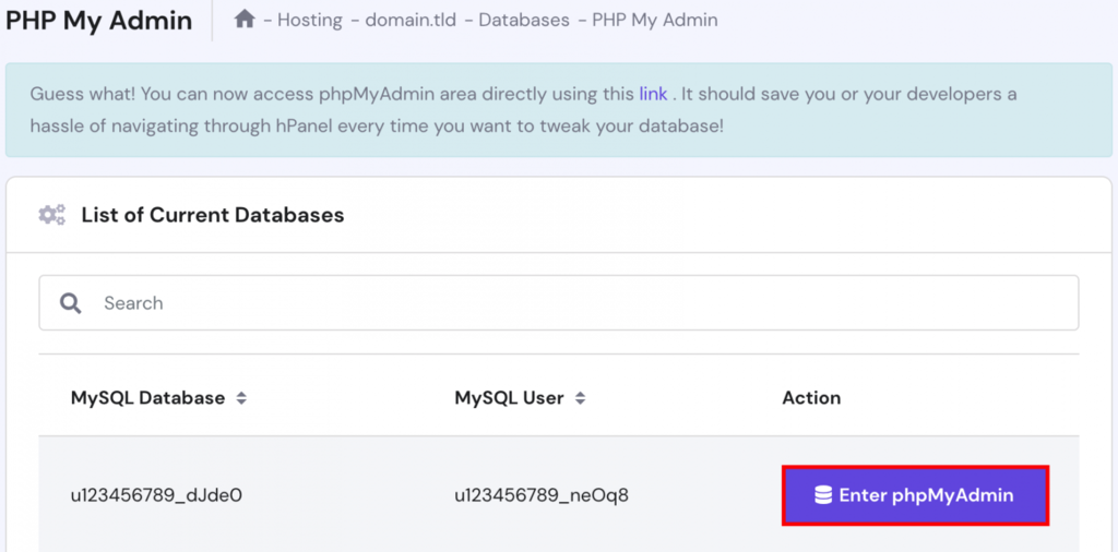 The Enter phpMyAdmin button on the phpMyAdmin section on hPanel.