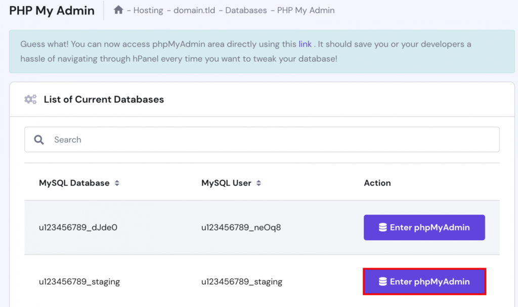 The Enter phpMyAdmin button that is near the staging database.