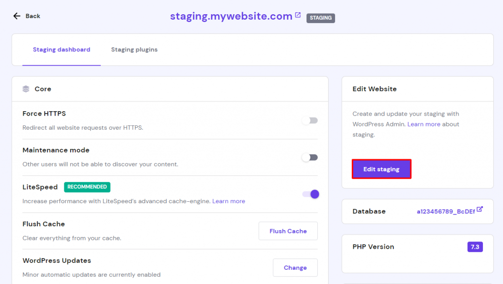 The staging dashboard, where you can access the Edit staging button