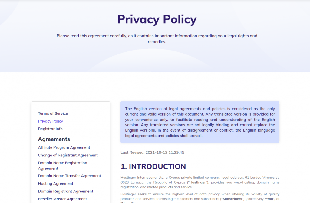 Hostinger's privacy policy page