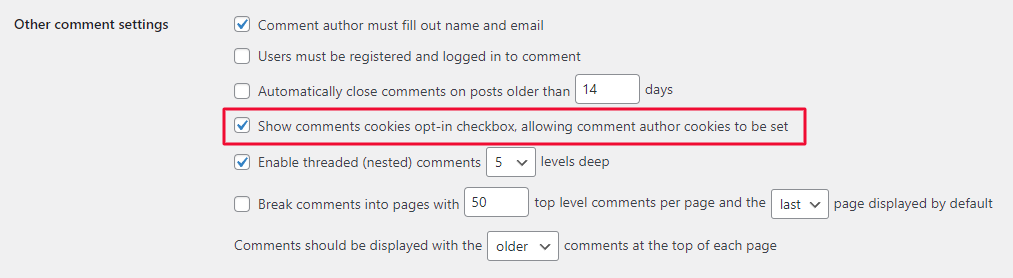 WordPress comments cookies opt-in setting