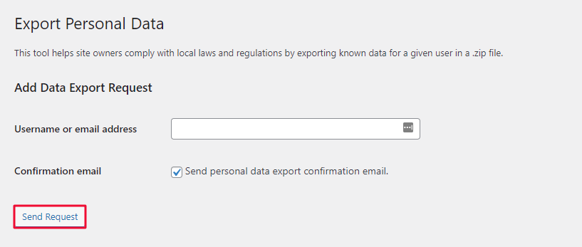 WordPress send request to the data subject in the export personal data settings