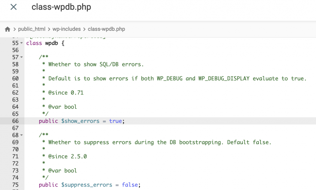 The class-wpdb.php file for WordPress. Database error logging is set as true