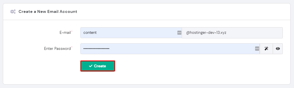 Screenshot showcasing the create new email button in hPanel