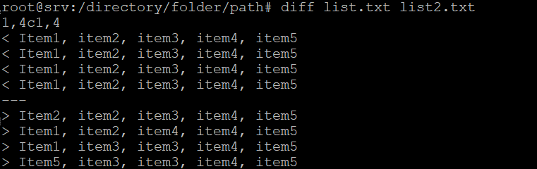 The diff command compares content of two files in Terminal