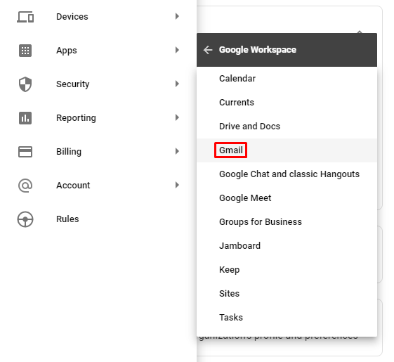 Screenshot showcasing the gmail button in Google Workspace