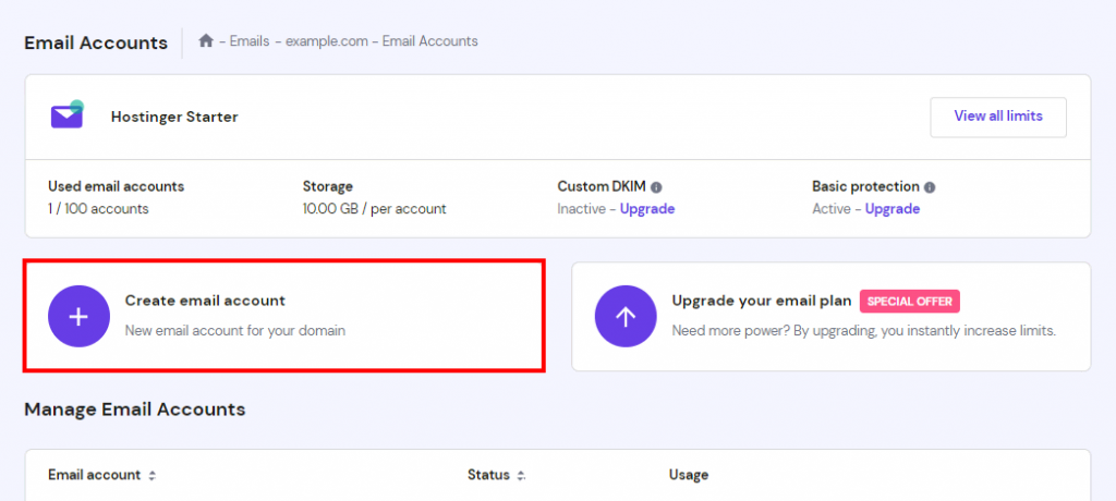 hPanel's Create a New Email Account button.