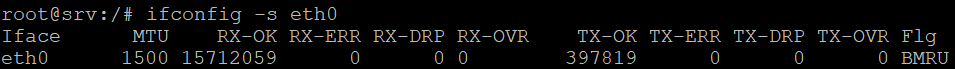 The ifconfig command  with -s option outputs the eth0 network interface information in Terminal