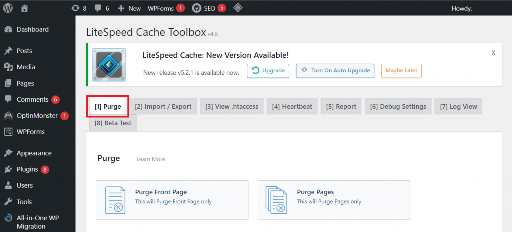 LiteSpeed Cache's Purge Cache tab
