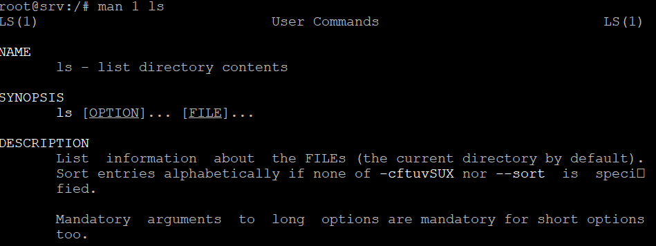 The man command shows the first section of ls command's manual