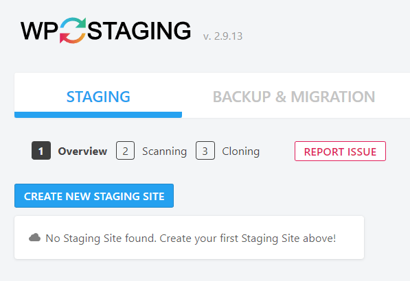 The CREATE NEW STAGING SITE button in the STAGING tab of WP Staging's dashboard