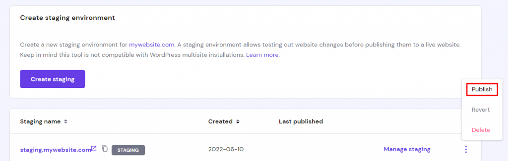 The Publish button for publishing the changes made in the staging site