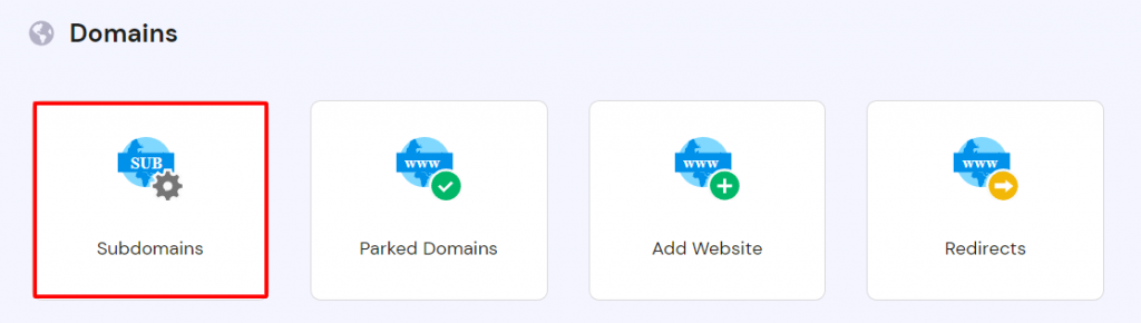 the Subdomains menu under the Domains section on hPanel