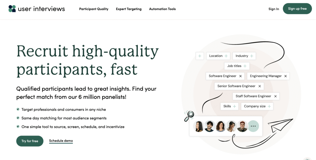 Webpage promoting user recruitment services, highlighting participant quality, audience targeting, and easy scheduling tools.