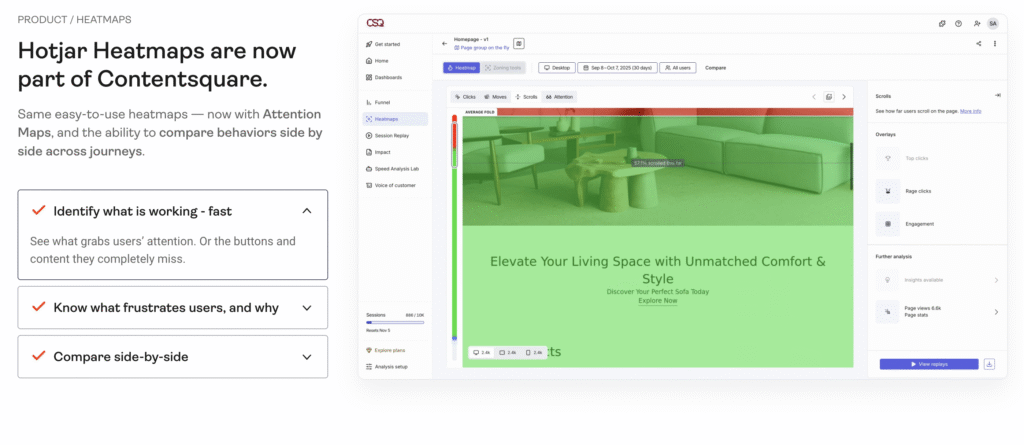 a digital dashboard displaying Hotjar Heatmaps integrated with Contentsquare, highlighting user engagement metrics.