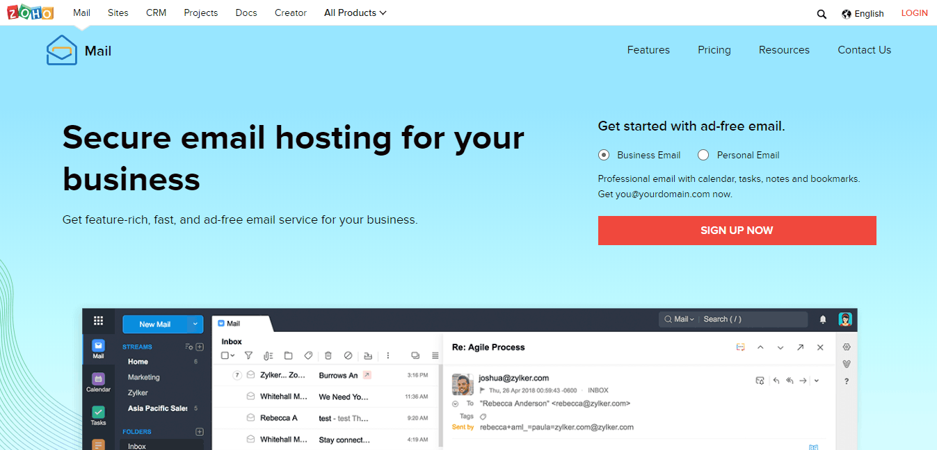 trang chủ Zoho - email business hosting