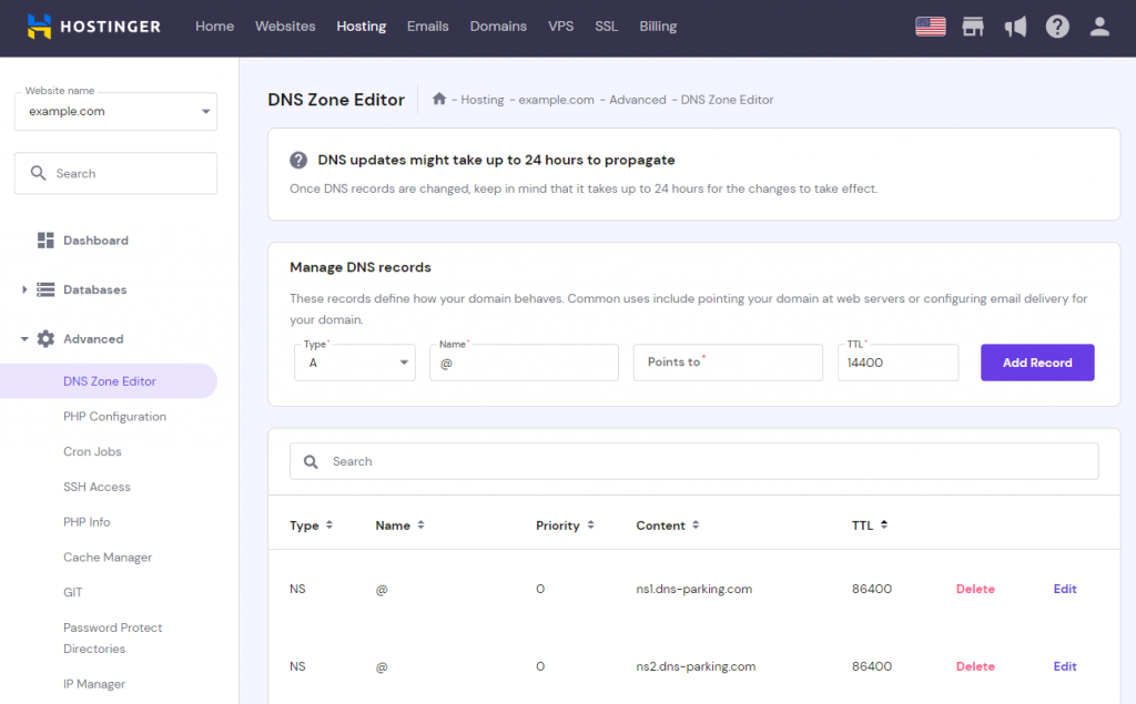 the Advanced section on hPanel with DNS Zone Editor highlighted