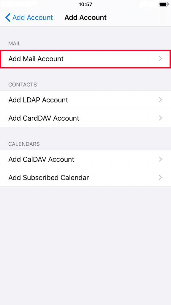 Add a mail account in the iOS Settings Page