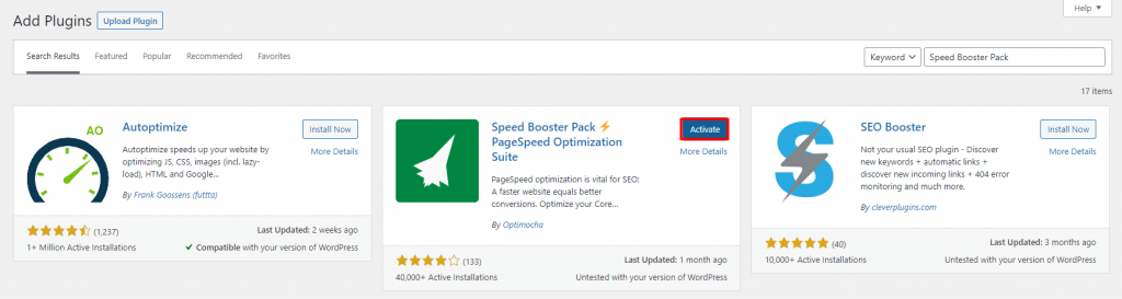 The Download button for the Speed Booster Pack WordPress plugin on the dashboard