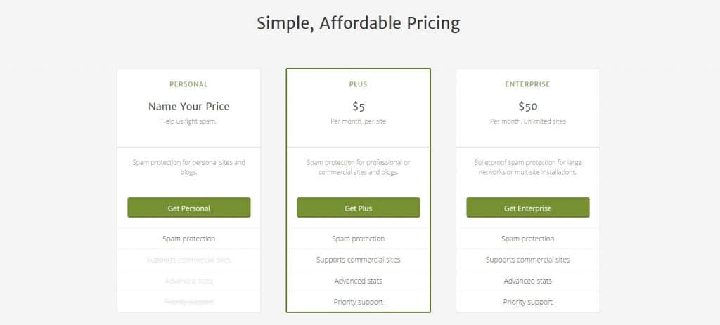 You have to choose between three Akismet subscription plans