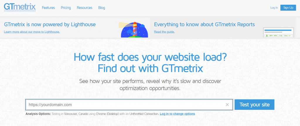 GTmetrix homepage that tests how fast a website loads