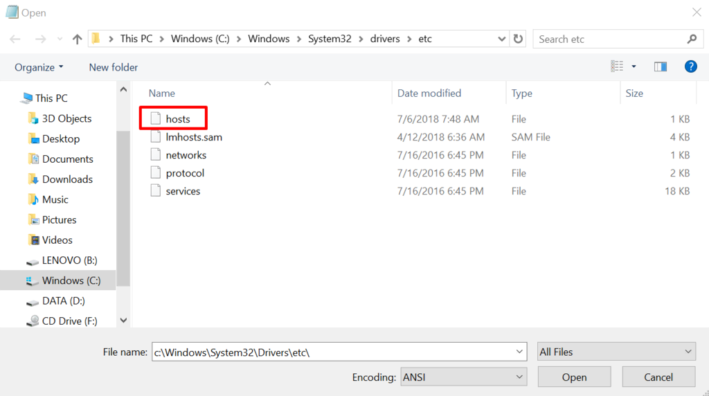 find and open hosts file in Windows' system