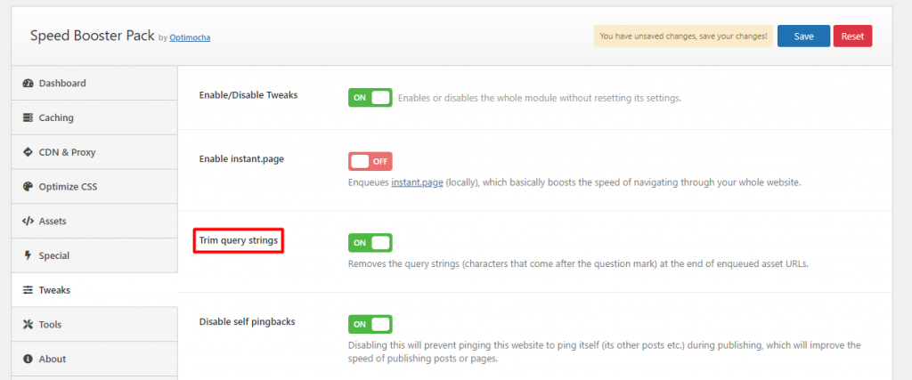 Speed Booster plugin's settings