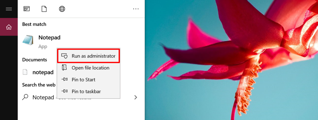 run Notepad as administrator on Windows 10