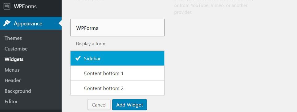 Scegliere barra laterale per visualizzare WPForms sulla barra laterale