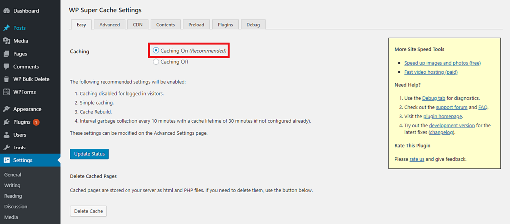 WP Super Cache's Easy settings tab to enable the caching