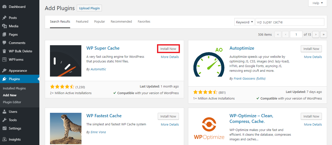 How to install the WP Cache plugin.