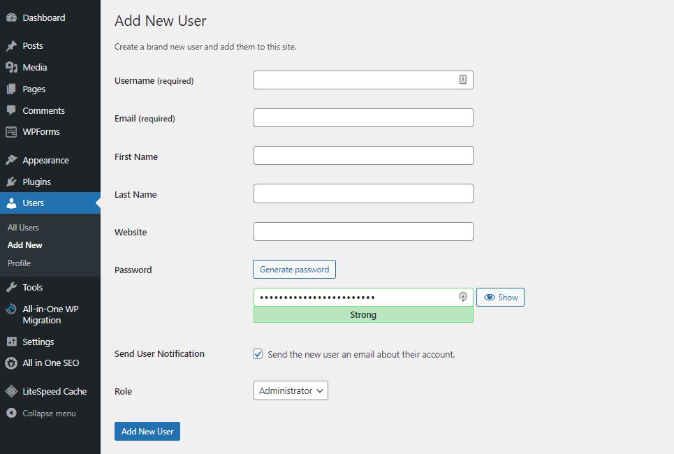WordPress Add New User form in the dashboard