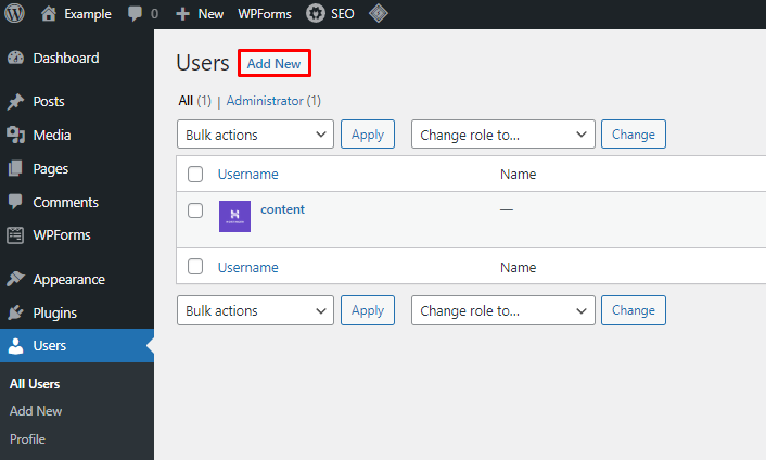 The Add New button for WordPress Users in the dashboard