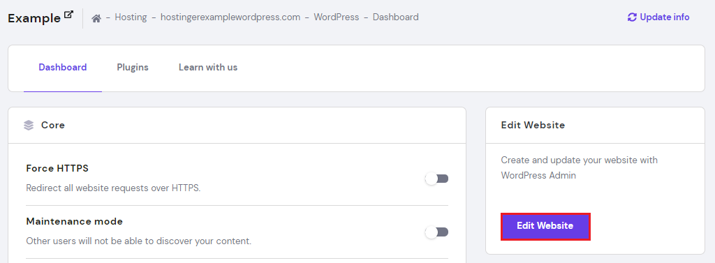 WordPress' Edit Website button on hPanel