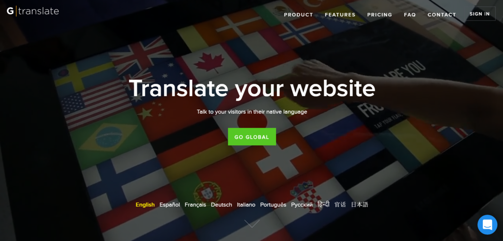 The homepage of GTranslate.