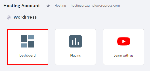 The WordPress Dashboard button in the Hosting Account section in hPanel