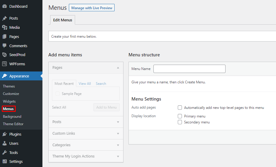 The Menus button on WordPress dashboard.
