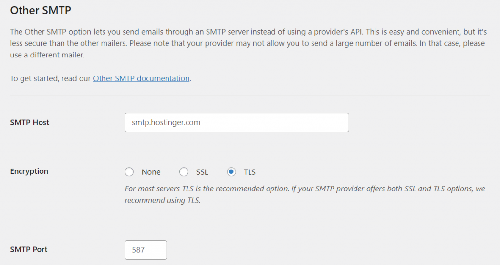 The Other SMTP documentation field with SMTP host, TLS encryption, and port number filled out