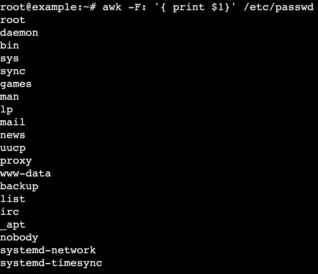 Terminal showing awk -F: '{print }' /etc/passwd username output