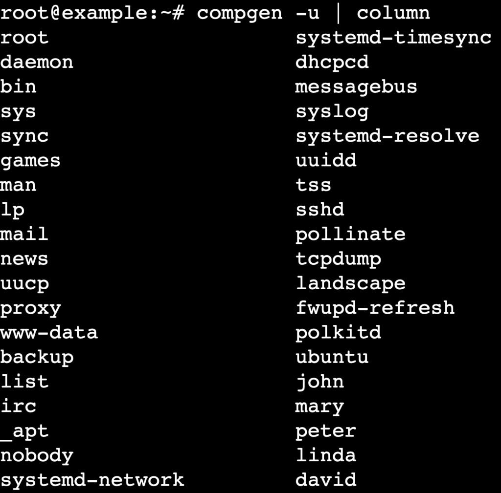 Terminal showing compgen -u | column output with listed usernames