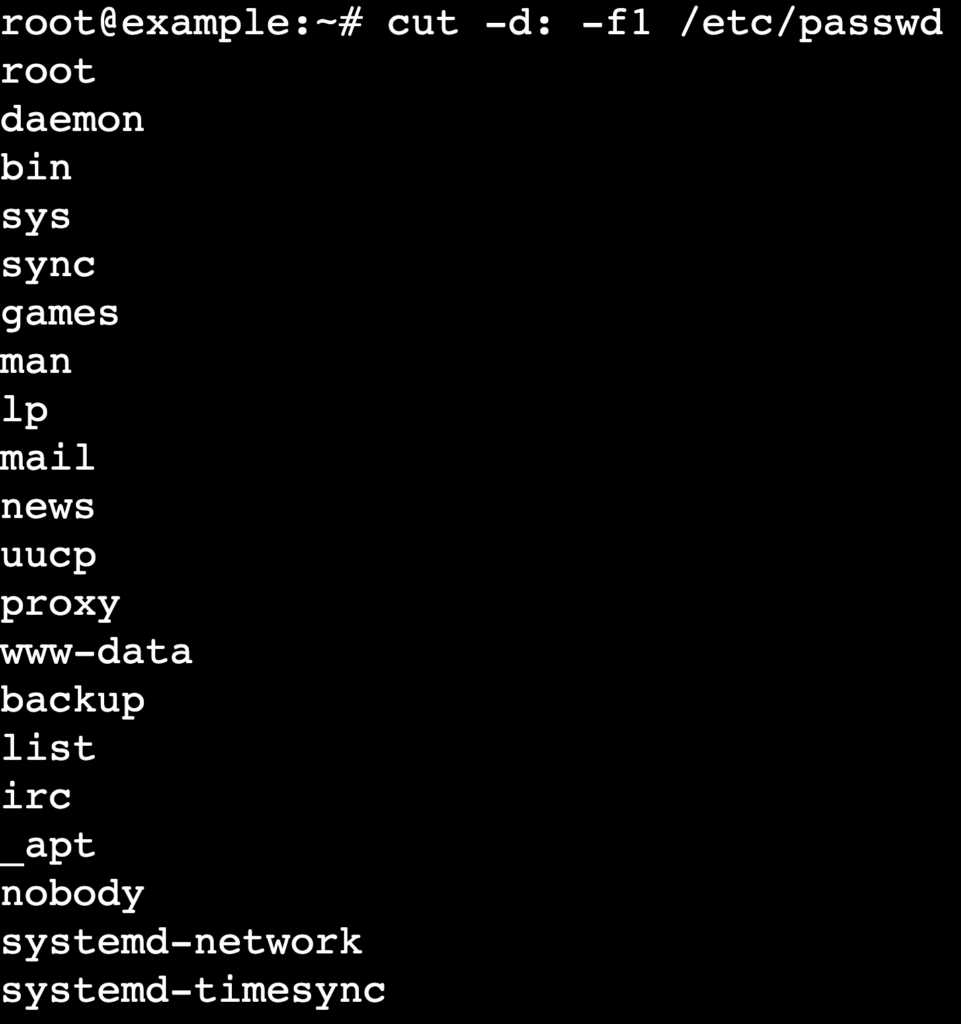 Terminal showing cut -d: -f1 /etc/passwd output listing usernames